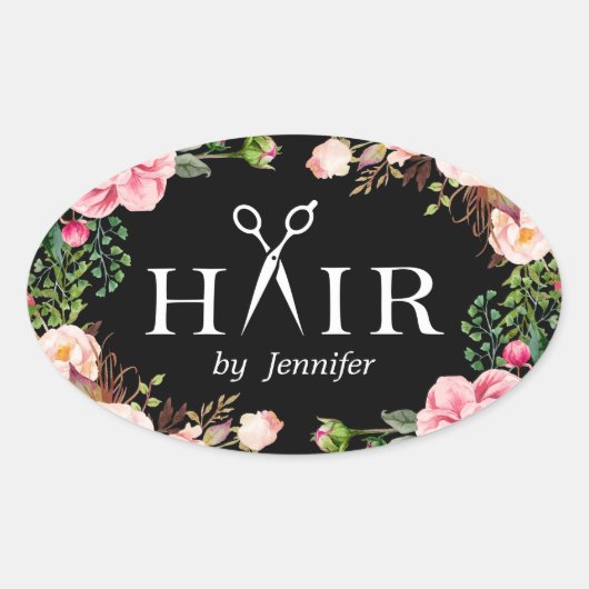 Beauty Salon Haar Cut Schere Logo Elegante Blumen Ovaler Aufkleber (Vorderseite)