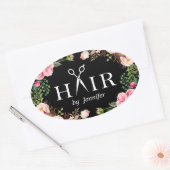 Beauty Salon Haar Cut Schere Logo Elegante Blumen Ovaler Aufkleber (Umschlag)