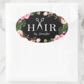 Beauty Salon Haar Cut Schere Logo Elegante Blumen Ovaler Aufkleber (Tasche)