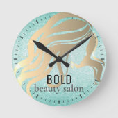 Beauty Salon Metallic Gold Aqua Blauer Glitzer Runde Wanduhr (Vorderseite)