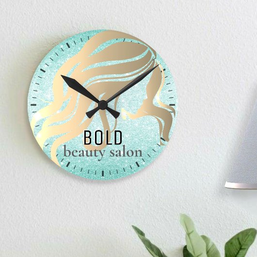 Beauty Salon Metallic Gold Aqua Blauer Glitzer Runde Wanduhr