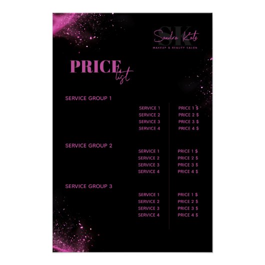 Beauty Salon MUA Haar Schwarzer Neon Pink Preislis Poster (Vorderseite)