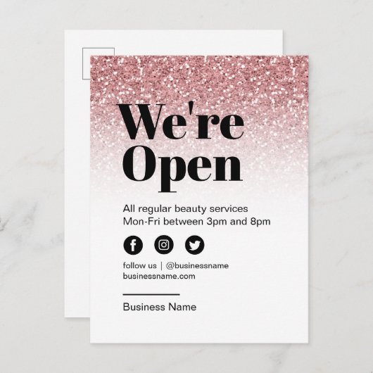 Beauty Salon Offen für Business Rose Gold Glitzer Ankündigungspostkarte (Vorne/Hinten)