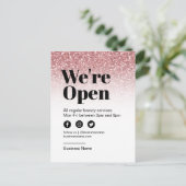 Beauty Salon Offen für Business Rose Gold Glitzer Ankündigungspostkarte (Stehend Vorderseite)