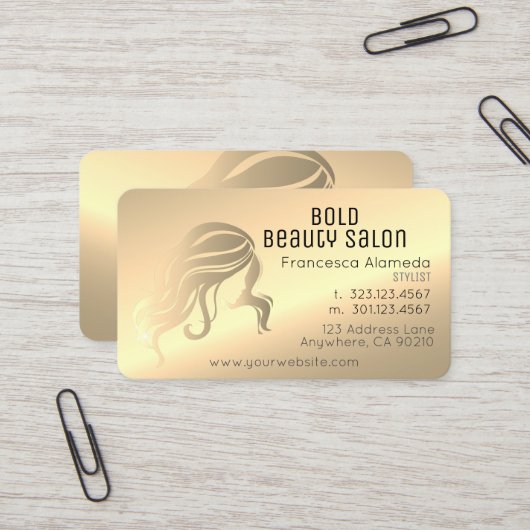 Beauty Salon Stylist Metallic 14k Gold Brass Visitenkarte (Vorderseite/Rückseite Beispiel)
