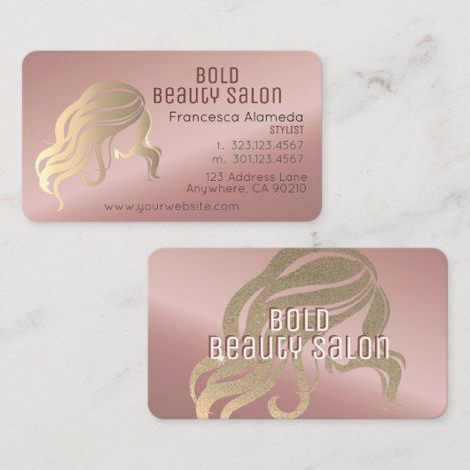 Beauty Salon Stylist Metallische Rose Goldvorlage Visitenkarte (Vorne/Hinten)