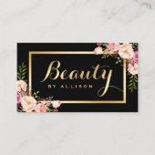Beauty Script Makeup Salon Black Gold Floral Visitenkarte (Vorderseite)