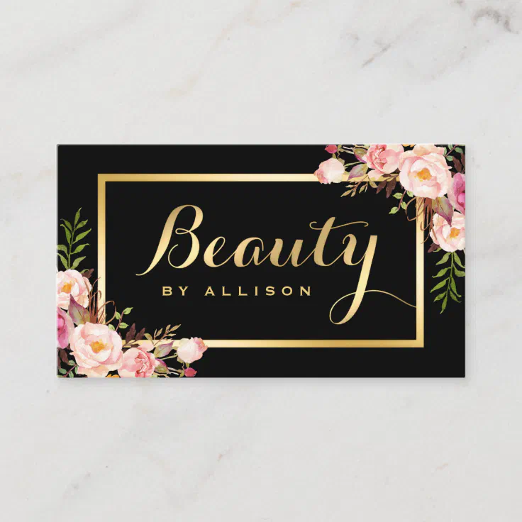 Beauty Script Makeup Salon Black Gold Floral Visitenkarte Zazzle.de
