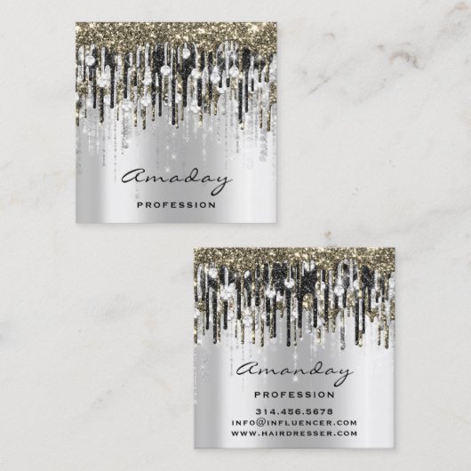 Beauty Studio Friseur Makeup Gray Gold Diamond Quadratische Visitenkarte (Vorne/Hinten)