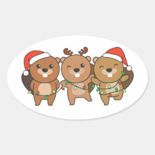 Beaver Christmas Christmas Animals Cute Beaver Cla Ovaler Aufkleber