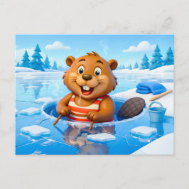 Beaver Ice Bathing in a Striped Swimsuit Postkarte