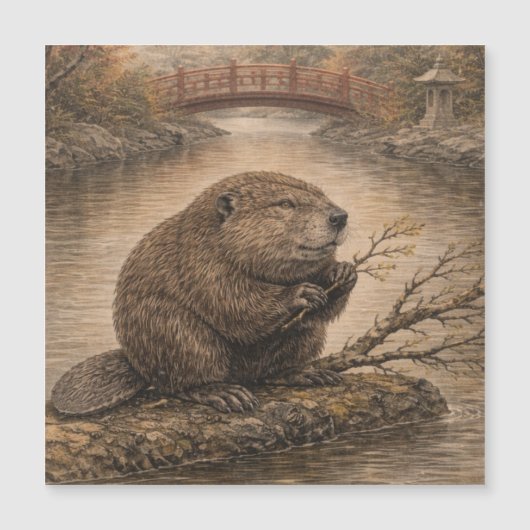Beaver Japanese Landscape Magnet Card (Vorderseite)