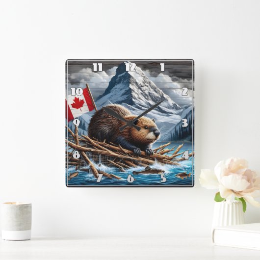 Beaver Lodge by Snowy Mountains Quadratische Wanduhr (Zuhause)
