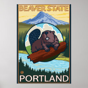 Beaver & Mt. Hood - Portland, Oregon Poster