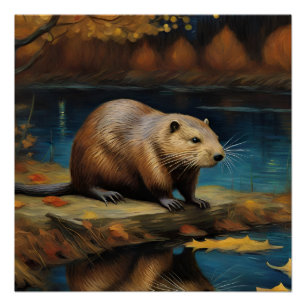 Beaver nachts von Van Gogh AI Generiert Poster