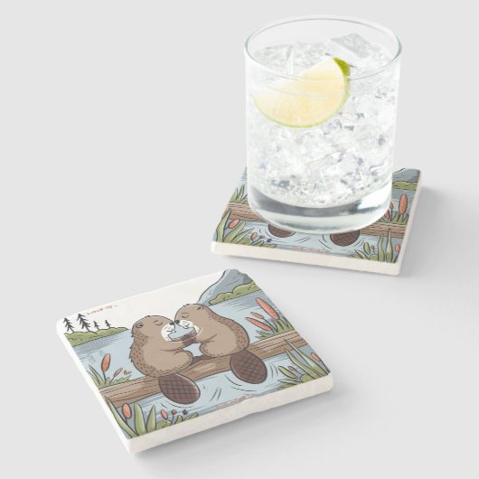 Beaver Valentine Steinuntersetzer (Seitenansicht)