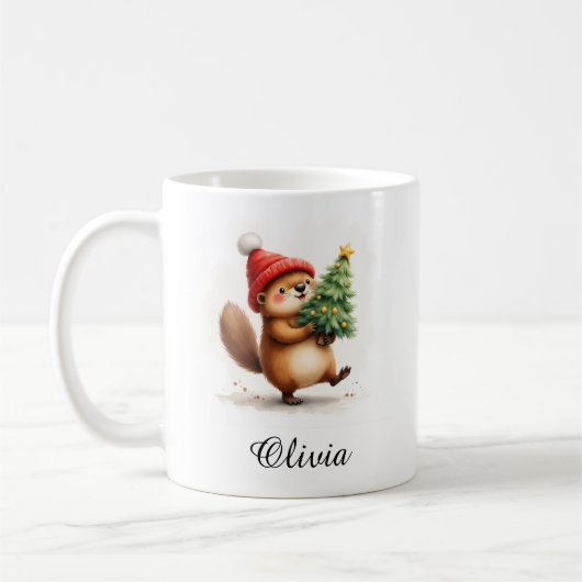 Beaver with Christmas Tree Custom Name Kaffeetasse (Links)