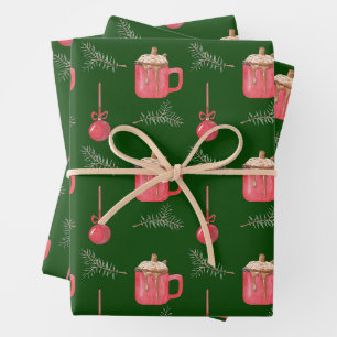 Becher mit heißer Schokolade und Weihnachtsschmuck Geschenkpapier Set