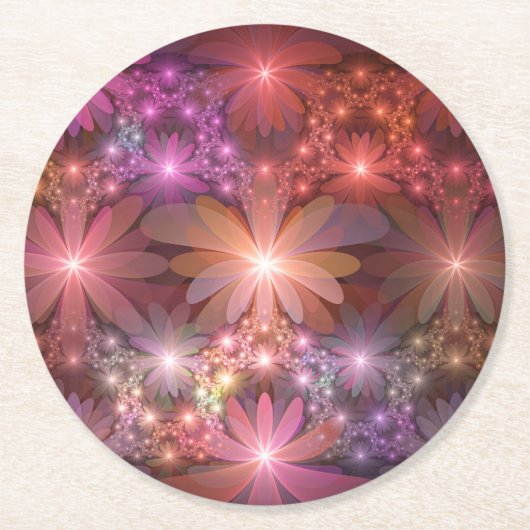 Bed of Blume farbenfrohe Shiny Abstrakte Fraktal K Runder Pappuntersetzer (Vorderseite)