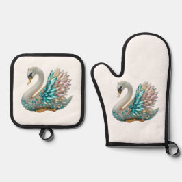 Bedazzled Diamond Swan Gold Crystal Bling Ofenhandschuh & Topflappen-Set