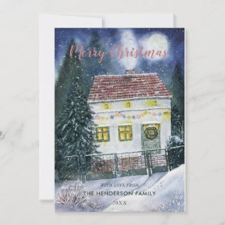 Bedeckte festliche Hütte mit Aquarellschnee Feiertagskarte