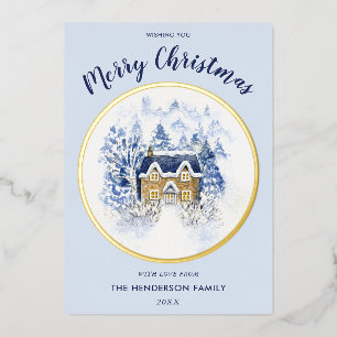 Bedeckter Wasserfarbenschnee Vintage Hütte Folien Feiertagskarte