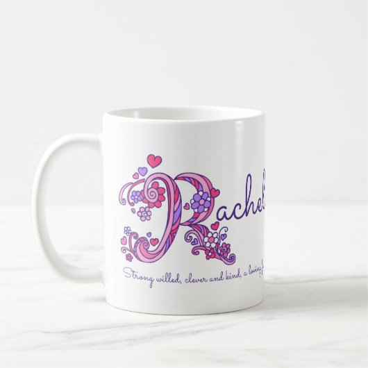 BEDEUTUNGSgekritzel-Kunst-Tasse Rachel-Buchstaben Kaffeetasse (Links)