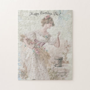 Bedrängte Vintage-Frau sammelt Blumenkörner Puzzle