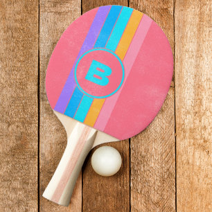 Bedrängter 80er Neon-Sonnenaufgangs-Streifen mit I Tischtennis Schläger