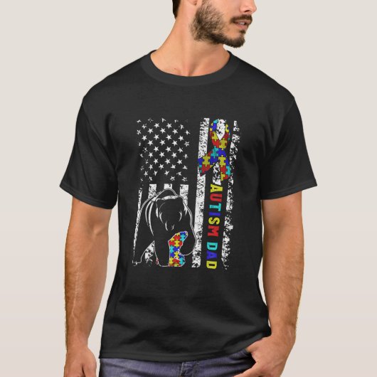 Bedrückte amerikanische Fahnen Autismus Vater Bäre T-Shirt (Vorderseite)