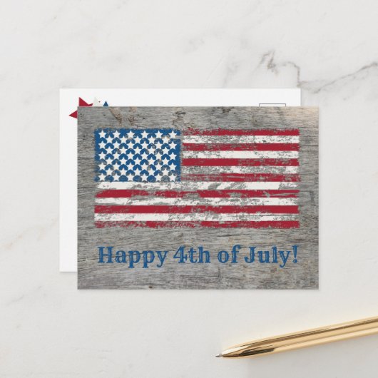 Bedrückte amerikanische Flagge Happy 4. Juli Postkarte (Vorderseite/Rückseite Beispiel)