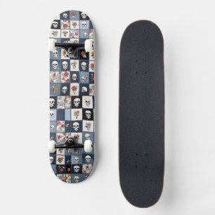 Bedruckte Jeans-Patchwork-Totenköpfe-Blumen Skateboard