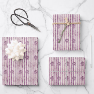 Bedrückte Motive auf Lila und Elfenbeinstreifen Geschenkpapier Set