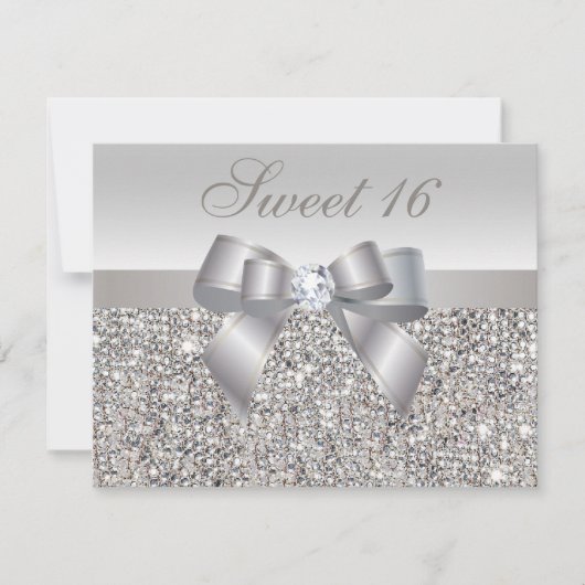Bedruckte Silberreihen, Bow & Diamond Sweet 16 Einladung (Vorderseite)