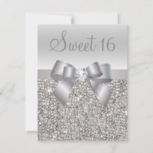 Bedruckte Silberreihen, Bow & Diamond Sweet 16 Einladung (Vorderseite)