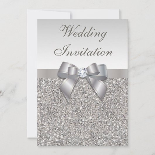 Bedruckte Silberreihen Diamanten und Bow-Hochzeit Einladung (Vorderseite)