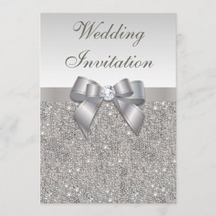 Bedruckte Silberreihen Diamanten und Bow-Hochzeit Einladung