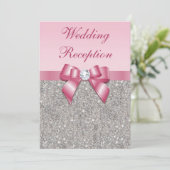 Bedruckte Silver Sequins rosa Bow Hochzeitsempfang Einladung (Stehend Vorderseite)