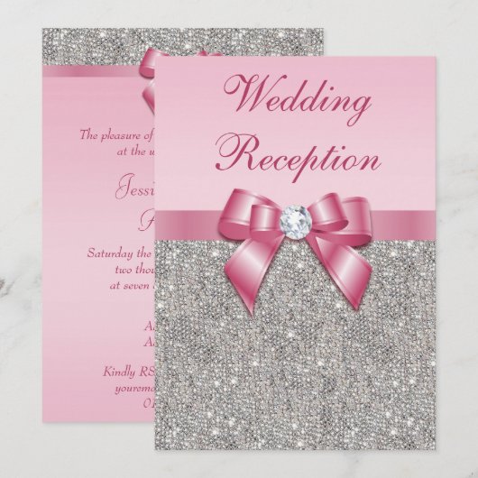 Bedruckte Silver Sequins rosa Bow Hochzeitsempfang Einladung (Vorne/Hinten)