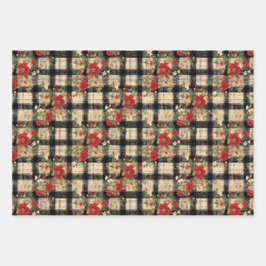 Bedrückte Weihnachten Kariert Florals Black Red Be Geschenkpapier Set (Vorderseite 2)