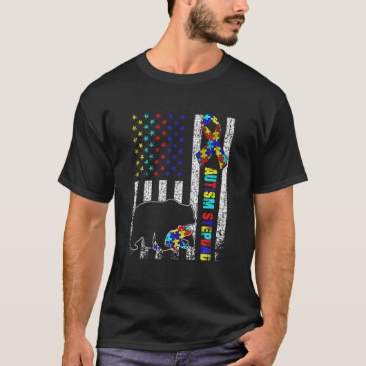 Bedrückter amerikanischer Flag Autism Stepdad Bear T-Shirt (Vorderseite)