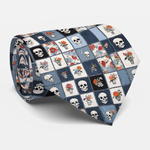 Bedrückter Denim Patchwork Skulls Floral Krawatte