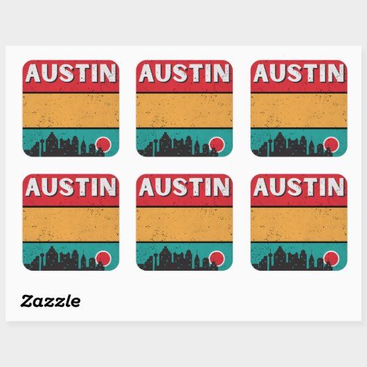 Bedrückter Retro Austin Texas City Staat Skyline Quadratischer Aufkleber (Blatt)