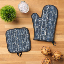 Bedrückter und geflochtener Blauer Jean Denim Ofenhandschuh & Topflappen-Set