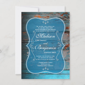 Bedrücktes blaues Holz Rustikale Hochzeitseinladun Einladung