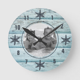 Bedrücktes Blue Beach Wood Starfish Foto Runde Wanduhr