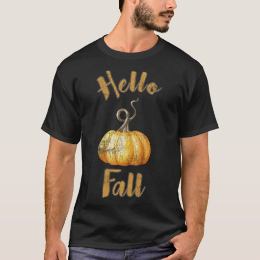 Bedrucktes Hello Fall Kürbis Design T-Shirt (Vorderseite)