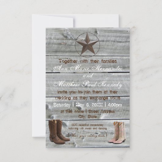 Bedrücktes Wood Cowboy Boots-3x5Wedding Einladung (Vorderseite)