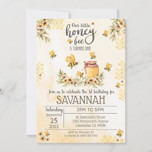 Bee 1. Geburtstag Einladung Honey Bee (Vorderseite)