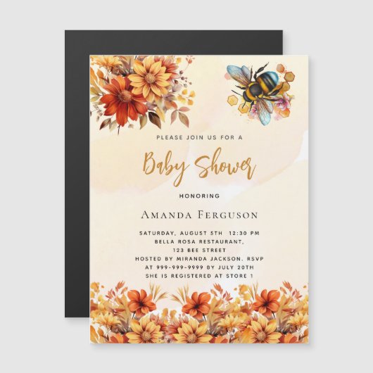 Bee Baby Dusche Orangenfallen floralen Luxus Magneteinladung (Vorne/Hinten)
